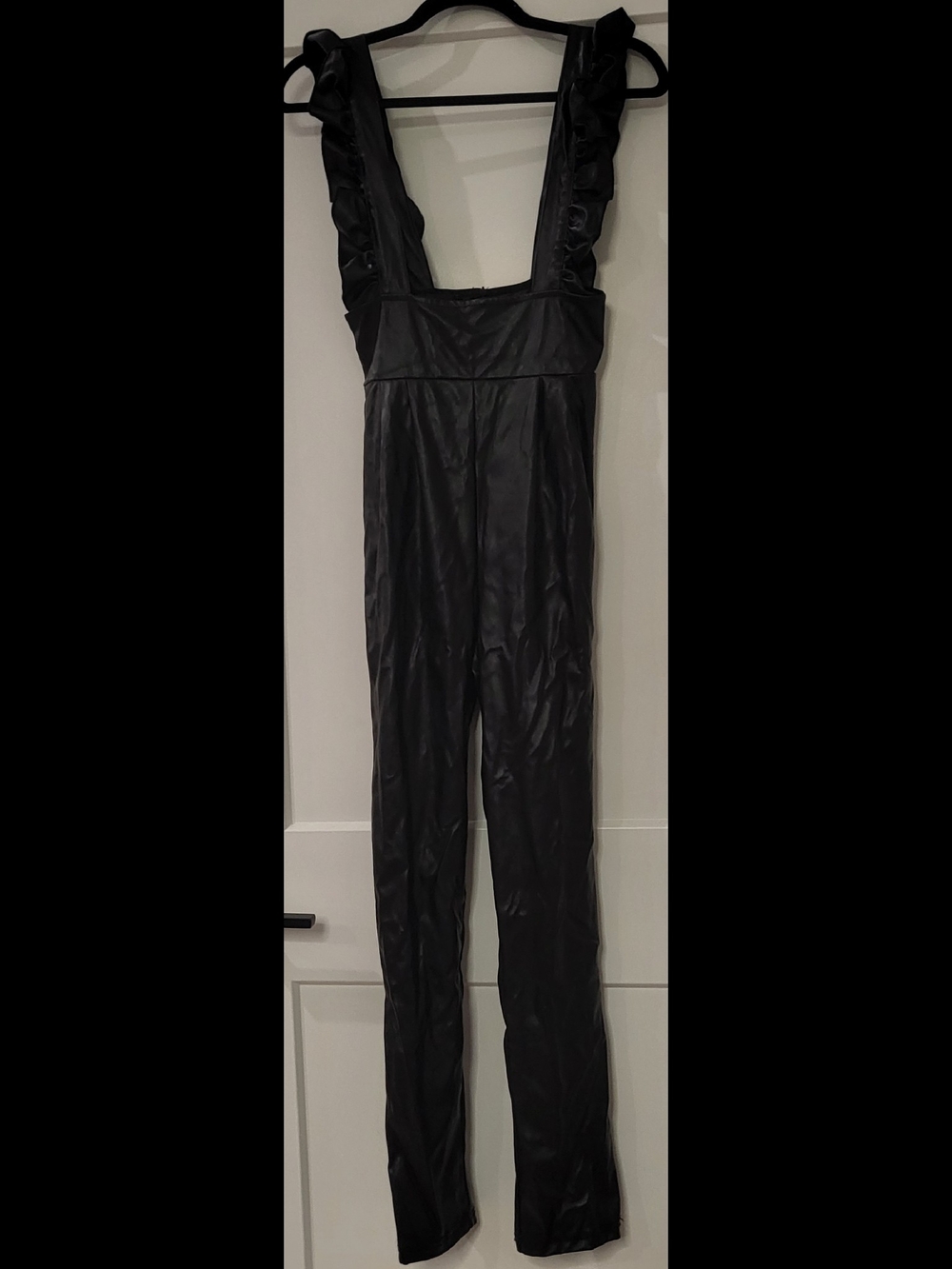 Black Faux Leather Ruffled Strap Jumpsuit